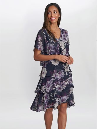 Gina Bacconi Womens Paula Printed V Neck Tier Dress - Navy - Size 10 UK