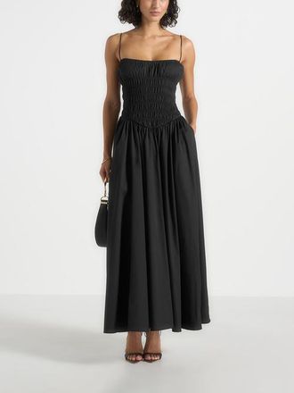 Mani&egrave;re De Voir Elva Smocked Waist Cotton Maxi Dress in Black at Nordstrom, Size 12