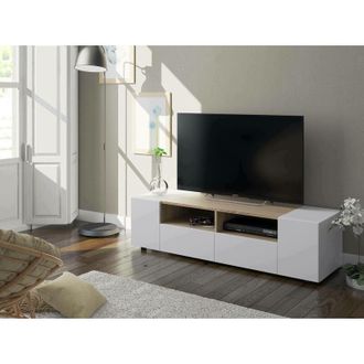 Dmora Dmora - Mueble tv para salón con dos puertas batientes, dos puertas abatibles y dos baldas pequeñas, color blanco con detalle de roble, Medidas 138 x