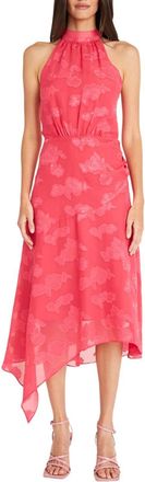 Maggy London Halter Asymmetrical Hem Floral Dress In Raspberry