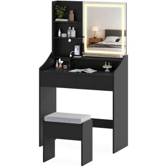 Costway Dressing Table & Chair with 3 Light Colors Adjustable Brightness Black