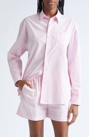 Sporty & Rich Eden Script Stripe Cotton Button-Up Shirt in Pink/White Thin Stripe at Nordstrom Rack, Size Medium