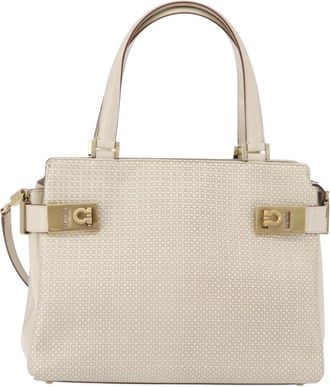 Ferragamo Double Gancini Side Buckle Tote Leather Beige Leather Handbag (Pre-Owned)