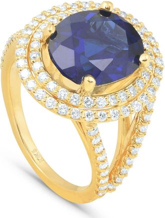 Pompeii3 6 1/5 Ct Huge Diamond Oval Blue Sapphire Diamond Double Halo Ring Yellow Gold