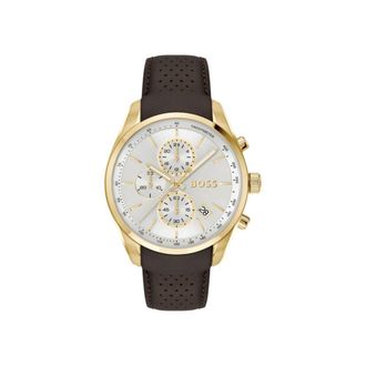 BOSS GRAND PRIX 44 Gold-tone chronograph watch with perforated leather strap
