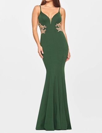 Faviana Jersey Cutout With Applique Gown In Emerald/gold