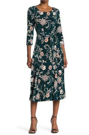 Nina Leonard Floral Scoop Neck Midi Dress in Teal Rust at Nordstrom Rack, Size X-Large