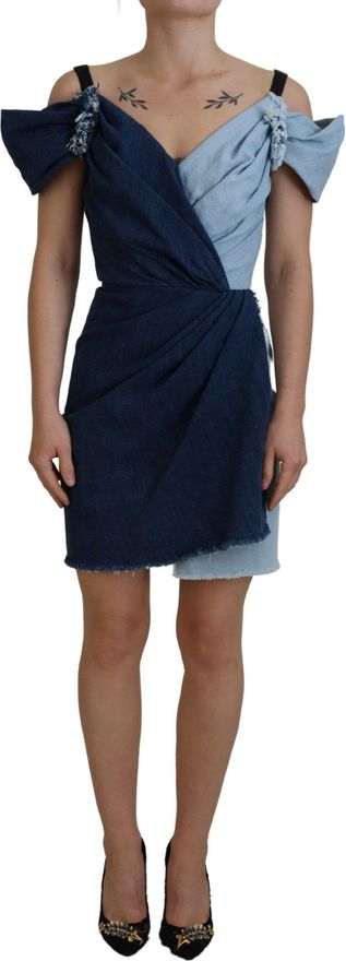 Two Tone Blue Patchwork Denim Mini Womens Dress