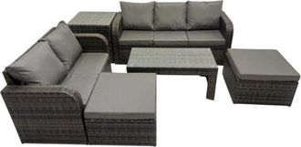 Fimous Rattan Garden Outdoor Furniture Set 3 Seater Sofa Love Sofa Coffee Table with 2 Big Footstools Side Table Dark Grey Mixed - Fimous