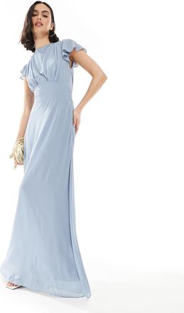 Tfnc Vestito lungo da damigella in chiffon blu polvere con maniche con volant e scollo ad anello sul retro