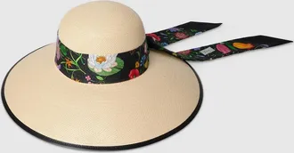 Gucci Panama Twill Hat With Silk Ribbon, Black
