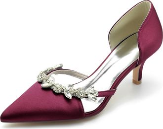 Minitoo Womens Elegant Bridal Heels Kitten Low Heel Wedding Evening Prom Pumps Shoes BR041 Burgundy UK 7.5
