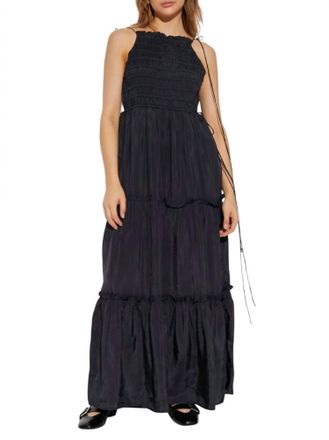 Ganni Habotai Maxi Smock Slip Dress In Phantom