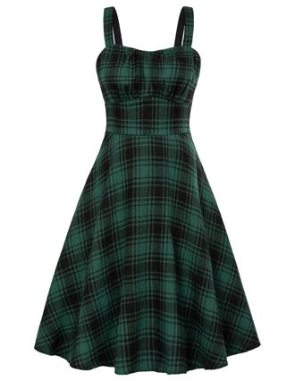 Belle Poque Vintage Sleeveless Plaid Spaghetti Strap Dresses 1950s Sweetheart Neck Gingham A-line Cocktail Midi Dress, Green Black, L