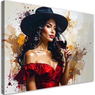 Feeby Cuadro Sobre Lienzo Mujer Con Sombrero Y Vino Glamour 100x70