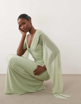 Asos Vestito lungo arricciato in rete color salvia con scollo alla Bardot e dettaglio a fascia-Verde