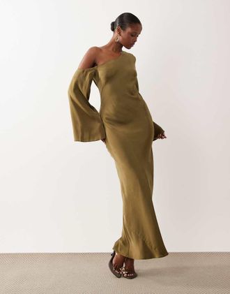 Asos Vestito lungo a colonna a maniche lunghe marrone kaki con spalle scivolate-Verde