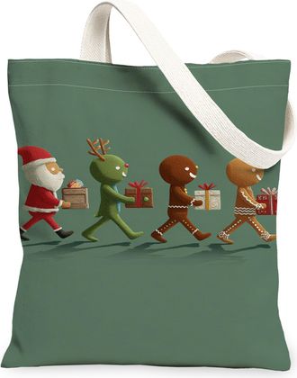 Generic Holiday Canvas Tote Bags, Fun Character Pattern Reusable Grocery Bags, Lightweight Washable Shoulder Strap Canvas for Shopp, Green, 13x15 Inch