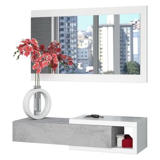 Dmora Mueble De Entrada Dhasi, Pasillo Con Espejo, Mueble Recibidor Con Caj&oacute;n, Vaciadores De Bolsillo Para Apartamentos, 95x26h69 Cm, Blanco Y Cemento - Dmo