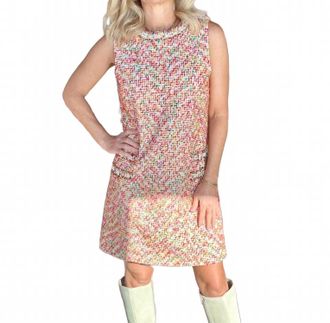 Fate Pearl Embellished Tweed Shift Mini Dress In Ivory Multi