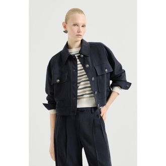 Brunello Cucinelli Cr&ecirc;pe chevron cropped outerwear jacket in Navy Blue at Nordstrom, Size 34 It