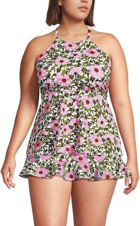 Lands End Plus Size Flutter High Neck Halter Tankini Top in Floral Blossom/white/pink at Nordstrom, Size 2X