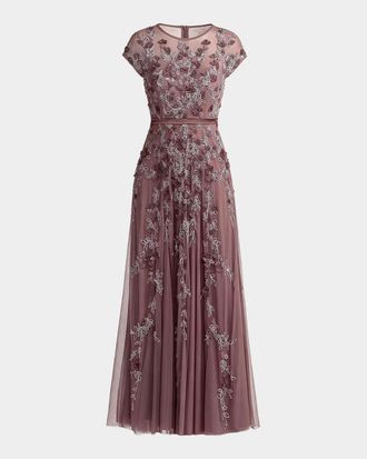 Mac Duggal Beaded Mesh Cap-Sleeve Gown