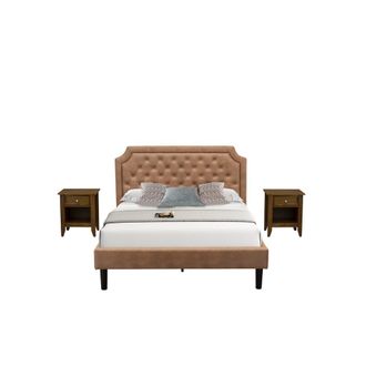 East West Furniture GB28Q-2GA08 3-Pc Bedroom Set with an Upholstered Bed and 2 Antique Walnut Small Nightstands - Brown Faux Leather and Black Legs