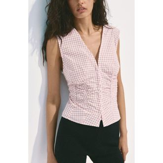 Mango Check V-Neck Sleeveless Top in Pastel Pink at Nordstrom, Size 10