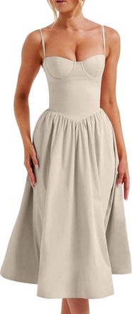 Generic Womens Corset Dress, Formal Spaghetti Strap Bustier Midi Dress, Flowing Corset Summer Dress with Pleated Hem, Blue Dress with Small White Flowers, gra