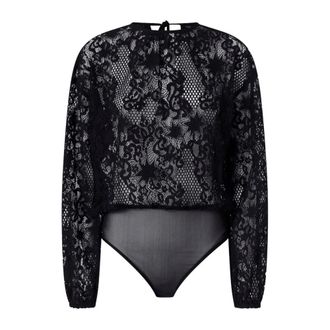 Pinko Body, female, Black, Size: 2XS Floral Lace Long Sleeve Bodysuit