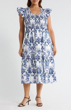 Sugarlips Viara Floral Giza Smocked Cotton Midi Dress in Blues-White at Nordstrom, Size 1X