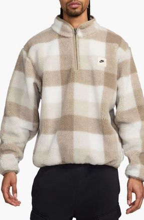 Nike Club Plaid Therma-FIT Fleece Half Zip Pullover in Khaki/Sail/Light Bone at Nordstrom Rack, Size X-Large