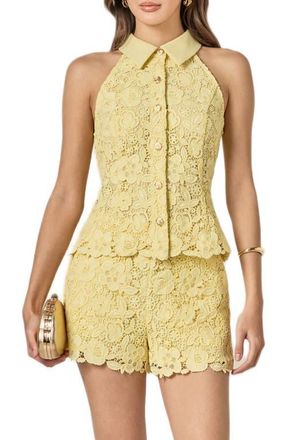 English Factory Floral Lace Sleeveless Button-Up Shirt in Butter Yellow at Nordstrom, Size Small