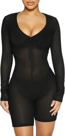Naked Wardrobe Net Zip-Up Long Sleeve Mesh Romper in Black at Nordstrom Rack, Size X-Small