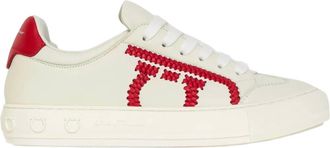 Ferragamo Womens Lace Up Leather Sneakers In Beige/red