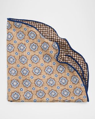 Edward Armah Men & apos;s Reversible Houndstooth to Medallion Silk Pocket Circle