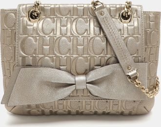 Carolina Herrera Audrey Gold Monogram Embossed Leather Shoulder Bag