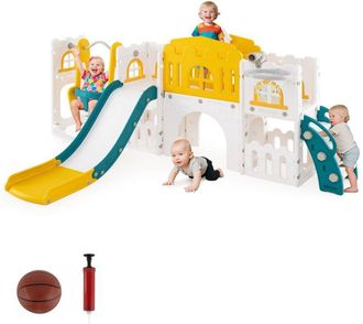 Costway 10 in 1 Parco Giochi per Bambini, Set Altalena e Scivolo con Canestro da Basket Telescopio Volante, Palestra da Gioco per Bambini 1 Anni +