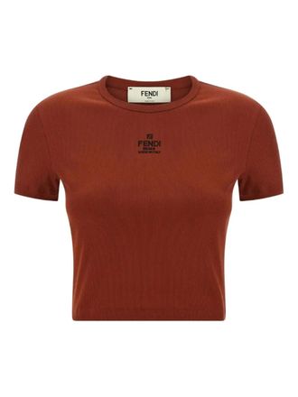 Fendi logo-embroidered T-shirt - women - Cotton/Elastane - S - Brown