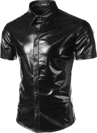 JOGAL Mens Metallic Shiny Nightclub Styles Short Sleeves Button Down Dress Shirts X-Large Black