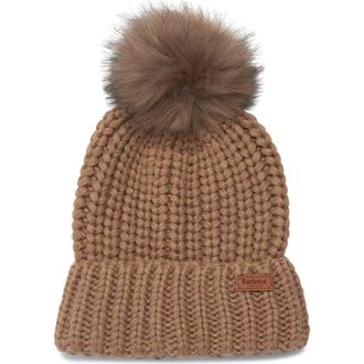 Barbour Saltburn Knit Beanie with Faux Fur Pom in Mink at Nordstrom