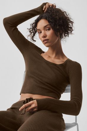 Alo | Sweater Knit Unwind Long Sleeve Top in Espresso Brown, Size: Medium