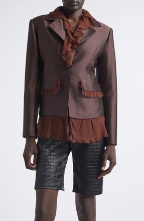 Kim Shui Arianna Ruffle Silk & Wool Jacket in Brown at Nordstrom, Size X-Small