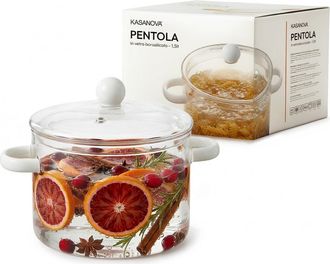 KASANOVA Pentola 1,5 L vetro borosilicato con coperchio manici bianchi