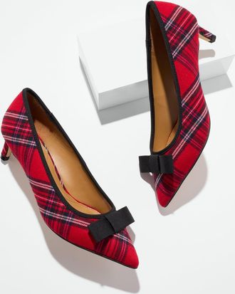 Talbots Sierra Bow Classic Tartan Kitten Heel Pumps - Red - 10 1/2 M Talbots