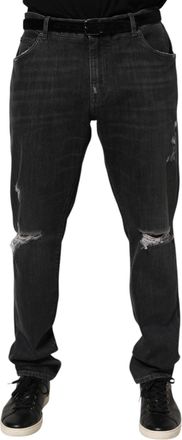 Dolce & Gabbana Black Cotton Slim Fit Distressed Ripped Logo Mens Jeans