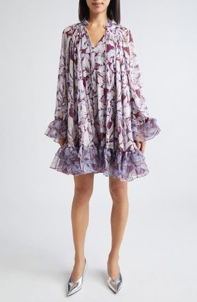 Cinq &agrave; Sept Clairette Tie Neck Long Sleeve Swing Dress in Deep Plum Multi at Nordstrom, Size X-Small