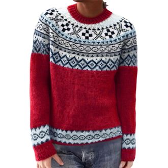 Generic Icelandic Fair Isle Jumpers for Women UK Vintage Fairisle Ladies Sweaters Casual Loose Long Sleeve Crew Neck Knit Jacquard Pullover Sweater Stylish Re