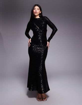 Asos Vestito lungo drappeggiato nero con paillettes e scollo a barchetta